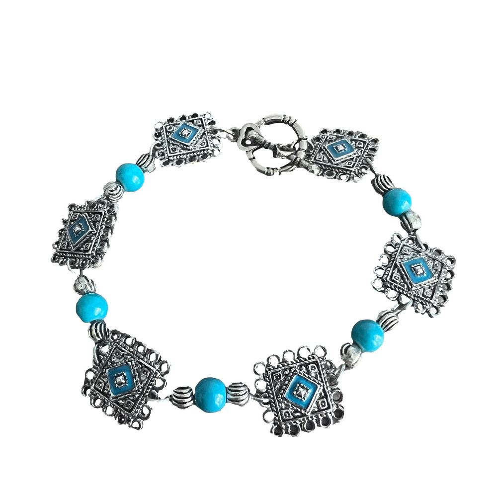 Silver and turquoise tone southwestern style filigree beaded t-clasp bracelet